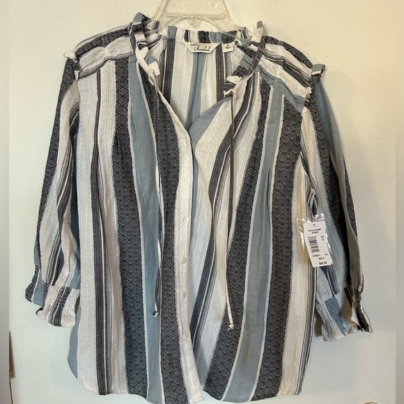 MWT Caffe’ Marrakesh 3/4 sleeve dobby stiped 100% cotton pop over top - Picture 1 of 9